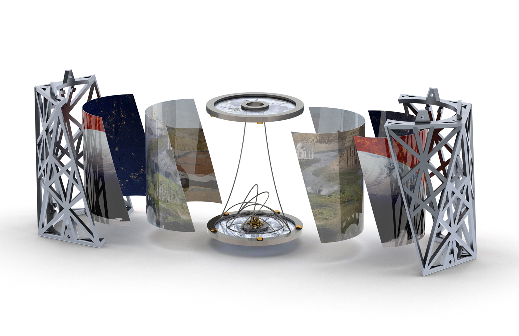 An exploded view of the Earth Chamber, one of four chambers that make up the MoonArk. MECCO will laser mark components of the MoonArk as part of a collaboration with The Moon Arts Group. Image rendered by Zach Schwemler; provided by The Moon Arts Group